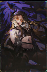  bare_shoulders belt black_belt black_hat black_jacket black_shorts blonde_hair blurry breasts brown_pantyhose dangle_earrings ear_piercing earrings eyelashes female hand_up happy hat hekouziran highres jacket jewelry lips long_hair looking_afar medium_breasts midriff navel oerba_yun_fang open_clothes open_jacket open_mouth original paint_on_body pantyhose piercing pill pink_lips purple_eyes round_eyewear shorts sideboob solo sparkle sunglasses teeth thigh_strap upper_teeth_only 