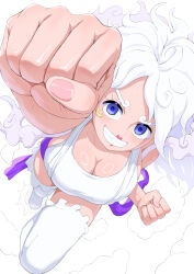  anti-eyebrow_piercing breasts cleavage clenched_hands cloud cloud_hair female gear_fifth highres jewelry_bonney keidein large_breasts lipstick makeup one_piece purple_eyes raised_fist red_lips shirt solo spoilers suspenders thighhighs white_background white_hair white_shirt white_thighhighs 