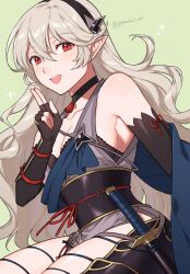  :d bare_shoulders black_choker black_gloves black_sash choker commentary corrin_(female)_(fire_emblem) corrin_(female)_(ninja)_(fire_emblem) corrin_(fire_emblem) elbow_gloves female fingerless_gloves fire_emblem fire_emblem_fates fire_emblem_heroes gloves green_background grey_hair grey_kimono highres japanese_clothes katana kimono long_hair looking_at_viewer ninja obi official_alternate_costume open_mouth peach11_01 pointy_ears red_eyes sash scabbard sheath sheathed sleeveless sleeveless_kimono smile solo sword very_long_hair weapon 