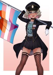  absurdres artist_self-insert black_hat black_skirt black_thighhighs blonde_hair blue_eyeshadow blush colored_inner_hair dark-skinned_female dark_skin eyeshadow female fishnet_thighhighs fishnets flag gloves gyaru hat highres holding holding_flag lesbian_flag lgbt_pride long_sleeves looking_at_viewer makeup medium_hair megumo multicolored_hair open_mouth original pink_hair pleated_skirt purple_eyeshadow simple_background skirt smile thighhighs transgender_flag white_gloves your_son_calls_me_mommy_too 