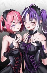  2girls absurdres barbell_piercing black_choker black_dress black_nails braid braided_bangs camila_(vtuber) choker claw_pose colored_eyelashes cross cross-laced_clothes cross-laced_dress cross-laced_gloves cross_earrings diamond_facial_mark diamond_hair_ornament dress ear_piercing earrings facial_mark frilled_choker frilled_gloves frilled_headwear frills gloves hair_ribbon heart heart_facial_mark highres indie_virtual_youtuber industrial_piercing jewelry looking_at_viewer mats_kuro michi_mochievee mismatched_eyelashes multicolored_hair multiple_girls oerba_yun_fang open_mouth piercing pink_hair pointy_ears ponytail purple_eyes purple_hair purple_ribbon red_ribbon ribbon ringed_eyes short_eyebrows sleeveless sleeveless_dress smile stitched_face stitches streaked_hair two_side_up v virtual_youtuber vshojo white_hair 