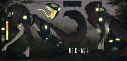  absurd_res ambiguous_gender brown_body brown_fur claws fluffy fluffy_tail fur glowing glowing_eyes green_glow hi_res htk-m24 long_arms long_tail long_tongue machine model_sheet multicolored_body multicolored_fur multicolored_mouth neck_tuft protogen protogen_armor protogen_visor robotic ronnie_amnesiac solo tail tan_body tan_fur tongue tuft 