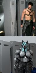  3d_(artwork) abs absurd_res anthro belt big_pecs blue_hair bottomwear bulge chest_harness clothing digital_media_(artwork) gachimuchi hair harness hi_res human inside leather leather_bottomwear leather_clothing leather_harness locker locker_room male mammal meme muscular muscular_anthro muscular_male pecs pouches solo van_darkholme wristband zi0808 