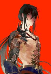  1boy absurdres arm_tattoo bird bishounen black_bird black_hair chest_tattoo dragon_tattoo fate/grand_order fate_(series) flower_tattoo gauntlets green_eyes hair_between_eyes highres long_hair looking_at_viewer male_focus mimulishizi ponytail red_background shaded_face smile solo tattoo toned toned_male topless_male upper_body very_long_hair yan_qing_(fate) 