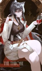  absurdres alcohol alternate_costume animal_ear_fluff animal_ears arknights black_hair black_shirt brown_eyes chain_necklace chains crossed_legs cup drinking_glass earrings female highres holding holding_cup jacket jewelry long_hair necklace red_wine ring shirt shorts sitting tail texas_(arknights) white_jacket white_shorts wine wine_glass wolf_ears wolf_girl wolf_tail yuki_flourish 