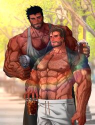  2boys abs bara beard biceps black_hair blurry blurry_background blush brown_hair clothes_lift cup day disposable_cup dobek_k facial_hair hairy hand_fan headband highres ice ice_cube large_pectorals light_particles male_focus manly mature_male multiple_boys muscular muscular_male nipples nose_blush original park pectorals shirt shirt_lift short_hair shorts soda summer sunlight sweat sweatdrop tank_top thick_arms thick_eyebrows tree veins very_hairy very_sweaty 