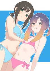  2girls bikini blue_background blue_bikini blush border breasts brown_hair flat_chest from_below fubuki_(kancolle) gradient_hair green_eyes hair_ornament hairclip halterneck highres kantai_collection letterboxed licking_lips looking_at_viewer low_ponytail medium_hair multicolored_eyes multicolored_hair multiple_girls navel orange_hair outline outside_border pink_bikini purple_eyes purple_hair sakieko short_hair_with_long_locks short_twintails side-tie_bikini_bottom sidelocks simple_background small_breasts smile stomach string_bikini swimsuit textless_version tongue tongue_out translation_request tsushima_(kancolle) twintails unfinished white_border white_outline yellow_eyes 