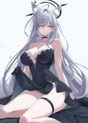  absurdres animal_ear_fluff animal_ears bare_shoulders black_dress blue_archive blue_eyes blush breasts choker cleavage collarbone cross_hair_ornament dress extra_ears female grey_hair hair_ornament halo highres large_breasts long_hair looking_at_viewer noa_(skae3323) shiroko_(blue_archive) shiroko_terror_(blue_archive) side_slit sidelocks sitting solo thighs wariza wolf_ears 