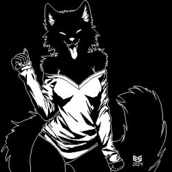  1:1 2024 5_fingers anthro arm_at_side arm_tuft bare_shoulders black_background black_body black_fur black_shading breasts canid canine canis claws clothed clothing curvy_figure digital_media_(artwork) ezeeshady facial_tuft fangs female finger_claws fingers fluffy fluffy_tail fur gripping_clothes hourglass_figure inner_ear_fluff mammal monochrome monotone_background narrowed_eyes off_shoulder open_mouth outline pixel_(artwork) raised_arm shirt shoulder_tuft signature simple_background smile smiling_at_viewer solo tail teeth tongue tongue_out topwear tuft underwear white_body white_clothing white_eyes white_fur white_inner_ear_fluff white_nose white_outline white_shirt white_tongue white_topwear white_underwear wolf 