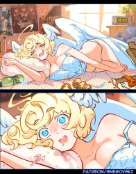  alarm_clock angel angel_wings bare_shoulders blonde_hair blue_eyes blush breast_rest breasts breasts_squeezed_together camisole cleavage clock cloud_print collarbone curvy drooling feathered_wings feathers food gabi_(snegovski) halo_ahoge head_wings highres indoors large_breasts lying narrowed_eyes navel on_side open_mouth original pajamas panties patreon_username pillow pink_pupils pizza short_hair sleeping snegovski soda strap_slip sunlight swept_bangs thick_eyebrows underwear waking_up white_panties window wings 