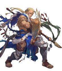  1boy armlet bare_pectorals blonde_hair dark-skinned_male dark_skin facial_tattoo fire_emblem fire_emblem:_the_binding_blade fire_emblem_heroes full_body fur_trim gold_necklace hawkeye_(fire_emblem) highres holding holding_polearm holding_shield holding_weapon jewelry lance large_pectorals leg_armor leg_tattoo long_hair male_focus muscular muscular_male necklace non-web_source official_art pectorals polearm ponytail sandals shield so-taro tattoo thick_thighs thighs toes torn_clothes transparent_background weapon 