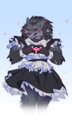  absurd_res anthro black_body black_fur black_pawpads black_sclera blue_eyes canid canine canis clothing famir_(artist) fur heart_symbol hi_res maid_uniform male mammal muscular muscular_anthro muscular_male pawpads solo uniform wolf 