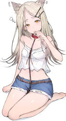  absurdres animal_ears bare_legs bare_shoulders barefoot breasts commentary crop_top cutoffs female gakuen_idolmaster hair_ornament hairclip highres idolmaster long_hair midriff navel sak1_01 seiza shinosawa_hiro short_shorts shorts simple_background sitting small_breasts solo strap_slip symbol-only_commentary thighs white_background 