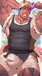  1boy armpits bara belt biceps blonde_hair blurry blurry_background bulge dark_skin earrings firenzesaika hat highres jewelry large_pectorals looking_at_viewer male_focus mature_male multiple_animal_ears muscular muscular_male one_eye_closed original pectorals shorts sleeveless smirk solo sparkle spiked_hair tail tan tank_top tanlines thick_arms thick_thighs thighs tight_clothes visor_cap 