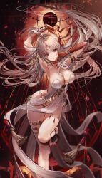  absurdres armlet arms_up bare_shoulders belly_chain body_markings bracelet breasts chiachun0621 cleavage collarbone colored_skin commentary_request dress durga_(fate) durga_(first_ascension)_(fate) earrings facial_mark fate/grand_order fate_(series) female forehead_mark gradient_skin grey_hair hair_ribbon highres jewelry large_breasts long_hair looking_at_viewer parted_lips pelvic_curtain red_eyes red_skin revealing_clothes ribbon sash snake solo thighlet thighs very_long_hair white_dress 