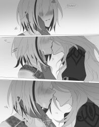  2girls after_kiss blush commentary_request gloves greyscale hand_on_another&#039;s_face heart highres honkai:_star_rail honkai_(series) jade_(honkai:_star_rail) kissing monochrome multicolored_hair multiple_girls noses_touching parted_lips saliva saliva_trail short_hair smile speech_bubble streaked_hair thai_commentary thai_text tongue topaz_(honkai:_star_rail) upper_body yuri zoulnova 