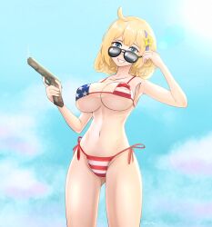  absurdres ahoge american_flag american_flag_bikini american_flag_print bikini blonde_hair blue_eyes blue_headband blue_sky cloud cloudy_sky day female flag_print girls&#039;_frontline grumbler2393 gun handgun headband highres holding holding_gun holding_weapon m1911 m1911_(girls&#039;_frontline) print_bikini sky solo sunglasses swimsuit weapon 