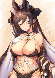  animal_ears bare_shoulders blue_hair bottomless breasts brown_hair chains cleavage closed_eyes commentary_request cowboy_shot dancer detached_sleeves extra_ears female frilled_sleeves frills galleon_(granblue_fantasy) gloves gold_chain gold_trim granblue_fantasy hair_between_eyes hand_on_own_chest highres hood horns jewelry large_breasts loincloth long_pointy_ears long_sleeves luupechi multicolored_hair necklace o-ring open_mouth pointy_ears revealing_clothes ribbon shiny_skin solo sparkle teeth two-tone_hair white_gloves white_ribbon wide_sleeves 