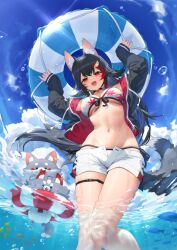  :d animal_ear_fluff animal_ears bikini bikini_under_clothes black_collar black_hair black_jacket breasts bubble cloud collar commentary_request day feet_out_of_frame female fish floating_hair from_below front-tie_bikini_top front-tie_top glint holding holding_swim_ring hololive innertube izumi_sai jacket leaf_print long_hair long_sleeves looking_at_viewer medium_breasts miofa_(ookami_mio) multicolored_hair navel official_alternate_costume ookami_mio ookami_mio_(hololive_summer_2019) open_clothes open_fly open_jacket open_mouth open_shorts orange_eyes outdoors partially_underwater_shot print_bikini red_hair short_shorts shorts side-tie_bikini_bottom side_slit side_slit_shorts sky smile solo standing stomach streaked_hair swim_ring swimsuit tail teeth thigh_strap two-sided_fabric two-sided_jacket upper_teeth_only virtual_youtuber wading water white_bikini white_shorts wolf_ears wolf_girl wolf_tail 