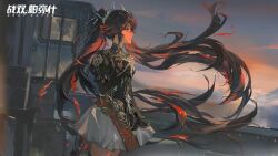  black_hair clenched_hand closed_mouth copyright_name dress female hair_ornament highres logo long_hair lucia:_pyroath_(punishing:_gray_raven) lucia_(punishing:_gray_raven) multicolored_hair official_alternate_costume official_art outdoors punishing:_gray_raven red_eyes red_hair second-party_source solo two-tone_hair 