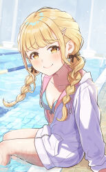  absurdres aqua_bikini bare_legs bikini blonde_hair blush braid collarbone commentary female front-tie_bikini_top front-tie_top fujita_kotone gakuen_idolmaster gimi_00 highres idolmaster jacket kimi_to_semi_blue_(idolmaster) long_hair looking_at_viewer pool poolside sitting smile soaking_feet solo swimsuit twin_braids two-sided_fabric two-sided_jacket white_jacket yellow_eyes 