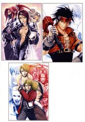  4girls 6+boys :o armband belt biker_clothes bikesuit black_hair blonde_hair blue_eyes bodysuit breasts brown_eyes center_opening chains coat crossed_arms drill_hair elbow_pads facial_hair fatal_fury fingerless_gloves fireseal fishnets freeman_(snk) garou:_mark_of_the_wolves gato_(snk) gloves grey_eyes guilty_gear hand_on_own_hip headband helmet highres himezaki_aoi holding homare_(fool&#039;s_art) jacket jenet_behrn justice_gakuen kain_r_heinlein kazama_akira kevin_rian kirishima_yurika ky_kiske leaning_forward lipstick looking_back makeup marco_rodrigues mask medium_breasts moero!_justice_gakuen motorcycle_helmet moustache multiple_boys multiple_girls muscular nail_polish navel open_clothes pompadour purple_eyes red_hair rock_howard scar shouting sol_badguy sword tattoo terry_bogard the_king_of_fighters twin_drills twintails unzipped weapon 