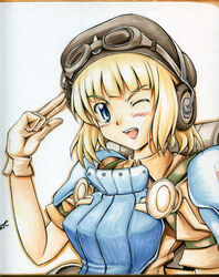  armor beret blonde_hair blue_eyes cecilia_glinda_miles commentary_request female gloves goggles goggles_on_head hat headphones headphones_over_headwear marker_(medium) masana_hatuse mecha_musume one_eye_closed open_mouth shikishi solo traditional_media uniform witches_of_africa world_witches_series 