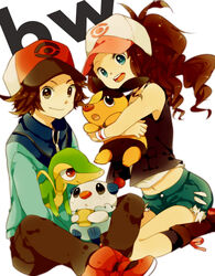  1boy bad_id bad_pixiv_id baseball_cap blue_eyes brown_eyes brown_hair bukiyama denim denim_shorts female hat hilbert_(pokemon) hilda_(pokemon) oshawott pokemon pokemon_(creature) pokemon_bw ponytail shorts snivy starter_pokemon_trio tepig 