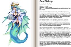  aqua_hair bikini bikini_top_only braid breasts brown_eyes character_profile cleavage cleavage_cutout clothing_cutout coat english_text female fins hard-translated hat head_fins kenkou_cross large_breasts long_hair looking_at_viewer mermaid monster_girl monster_girl_encyclopedia official_art scales sea_bishop side_braid smile solo stone_tablet swimsuit third-party_edit translated twin_braids 