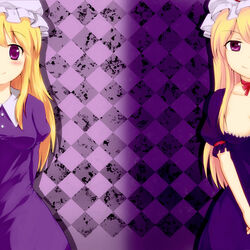  2girls arms_behind_back bad_id bad_pixiv_id blonde_hair breasts checkered_background choker cleavage hat hiiragi_mitsuna long_hair maribel_hearn medium_breasts multiple_girls purple_eyes smile touhou yakumo_yukari 