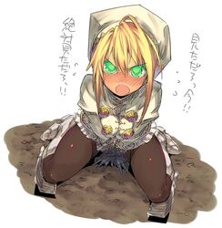  angry blonde_hair boots commentary_request fantasy_earth fantasy_earth_zero fbc female gloves green_eyes pantyhose pov solo warrior_(fantasy_earth) warrior_(jeanne_outfit)_(fantasy_earth_zero) 