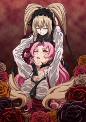  2girls absurdres age_difference bad_id bad_pixiv_id blonde_hair blue_eyes commentary_request detached_sleeves double_bun ekaterina_kurae flower frills gothic_lolita hair_bun hairband highres lolita_fashion long_hair mikage_too multiple_girls necktie pink_hair red_eyes rose seikon_no_qwaser shirt skirt suspenders thighhighs tsujidou_miyuri twintails wet yuri 