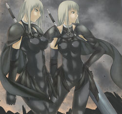  2girls alicia_(claymore) beth_(claymore) bodysuit cape claymore_(series) commentary_request elbow_gloves gloves green_eyes long_hair multiple_girls nyami photoshop_(medium) shoulder_pads sword weapon 