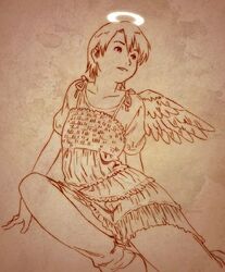  aaru_sentou_shuudan angel arms_behind_back bad_link dress female haibane_renmei halo kana_(haibane) monochrome orange_theme solo wings 