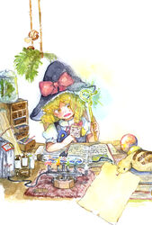  blonde_hair book braid bunsen_burner commentary_request desk female gogo/tad hat jar kirisame_marisa mini-hakkero one_eye_closed painting_(medium) solo touhou traditional_media tsuchinoko wand watercolor_(medium) witch witch_hat yellow_eyes 