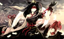  3girls black_hair blindfold chains cradle_(circle) duplicate feathers gloves highres imageboard_desourced justitia_(mythology) lightning medicine_melancholy misaki_kurehito multiple_girls non-web_source onozuka_komachi shiki_eiki touhou wings 