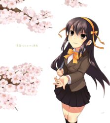  24a bad_id bad_pixiv_id brown_eyes brown_hair cherry_blossoms commentary_request female hair_ribbon kouyouen_academy_school_uniform long_hair official_alternate_costume official_alternate_hair_length official_alternate_hairstyle ribbon school_uniform solo suzumiya_haruhi suzumiya_haruhi_no_shoushitsu suzumiya_haruhi_no_yuuutsu transparent_background winter_uniform 