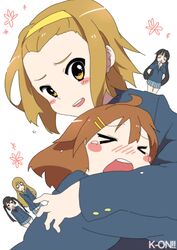  &gt;_&lt; 5girls akiyama_mio bad_id bad_pixiv_id blush_stickers brown_eyes brown_hair closed_eyes commentary_request hairband hirasawa_yui hug k-on! kotobuki_tsumugi mayuge1017 multiple_girls nakano_azusa sakuragaoka_high_school_uniform school_uniform short_hair tainaka_ritsu tears 