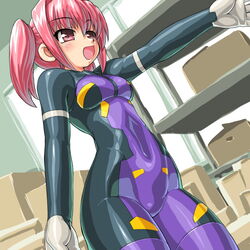  bad_id bad_pixiv_id black_bodysuit blush bodysuit box busou_shinki cardboard_box dd_(ijigendd) eukrante female happy medium_hair open_mouth outstretched_arm pink_eyes pink_hair purple_bodysuit solo twintails 