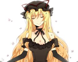  alternate_color alternate_costume bad_id bad_pixiv_id bare_shoulders black_dress black_gloves blonde_hair bow breasts choker cleavage closed_eyes dress elbow_gloves facing_viewer female flower gloves hat large_breasts light_smile long_hair ribbon ribbon_choker smile solo touhou upper_body very_long_hair waiko yakumo_yukari 