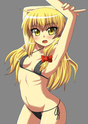  armpits arms_up bikini blonde_hair blush commentary_request female flat_chest highres kirisame_marisa long_hair ribbon ribs sawa_(snack_yoshie) skinny solo swimsuit touhou yellow_eyes 