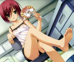  barefoot bucket camisole crossed_legs desk dripping dutch_angle feet female game_cg hand_fan hot karasuba_yukari kobuichi long_legs midriff paper_fan red_hair rindou_ruri shorts sitting soles strap_slip sweat tenshinranman toes uchiwa water wet 