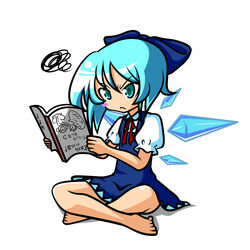  :&lt; angry bad_id bad_pixiv_id barefoot blue_eyes blue_hair blush_stickers bow cirno female hairbow indian_style ranchuu_(akamusume) short_hair sitting solo squiggle touhou translated wings 