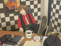  1boy bad_id bad_pixiv_id cigar_(alcari) fuuto-kun hat hidari_shoutarou kamen_rider kamen_rider_w male_focus office sleeping 