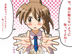  blue_necktie blush brown_eyes brown_hair commentary_request female hands lielos necktie open_mouth original poniko_(lielos) ponytail solo string string_of_fate sweater_vest translated tsundere 