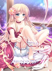  absurdres aqua_eyes barefoot blonde_hair bloomers blush cinderella commentary_request dress evemoina feet female flower glass_slipper hair_flower hair_ornament highres legs long_hair mouse_(animal) petals shoes single_shoe smile solo toes transparent_footwear underwear very_long_hair 