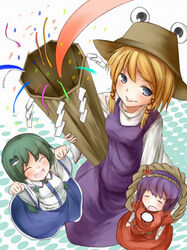  3girls :p \o/ ^_^ age_regression aged_down arms_up bad_id bad_pixiv_id blonde_hair blue_eyes clenched_hands closed_eyes confetti green_hair hair_ribbon hat highres kochiya_sanae long_hair metalwasabi moriya_suwako multiple_girls onbashira outstretched_arms photoshop_(medium) purple_hair ribbon rope shide shimenawa short_hair sigh texture tongue tongue_out touhou yasaka_kanako 