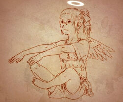  aaru_sentou_shuudan angel bad_link barefoot bow female glasses haibane_renmei halo hikari_(haibane) indian_style line_art monochrome orange_theme ponytail reaching shorts sitting solo wings yoga 