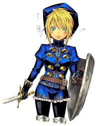  belt blonde_hair blue_eyes boots commentary_request fantasy_earth fantasy_earth_zero fbc female hat pantyhose shield short_hair solo sword thigh_boots thighhighs warrior_(fantasy_earth) warrior_(jeanne_outfit)_(fantasy_earth_zero) weapon 