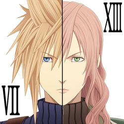  &eacute;clair_farron 1boy blonde_hair blue_eyes cloud_strife commentary_request female final_fantasy final_fantasy_vii final_fantasy_xiii green_eyes kamakiri lips pink_hair truth 